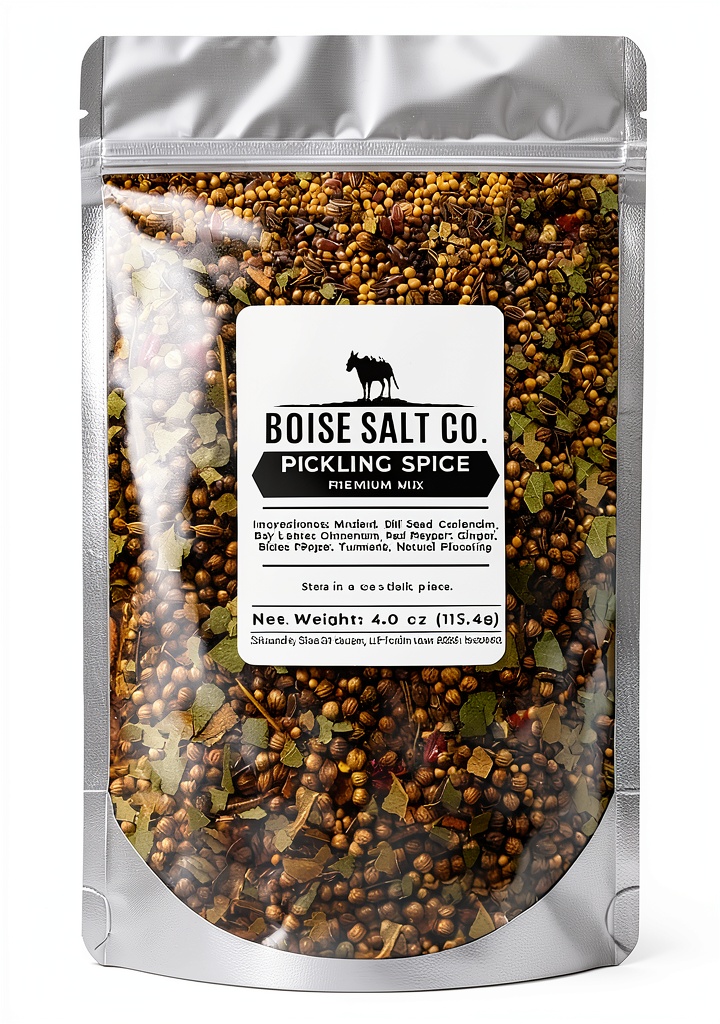 Boise Salt Premium Pickling Spice jar on a kitchen counter